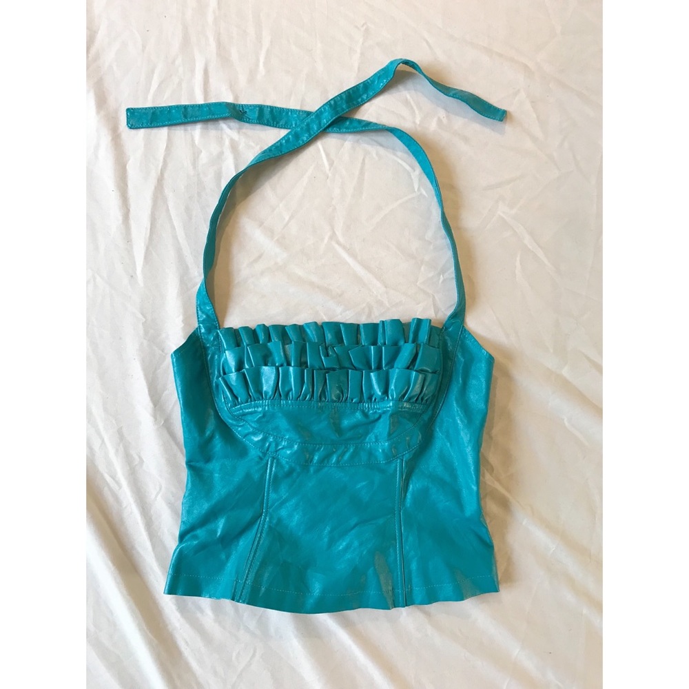 indigo pleather halter with ruffled bust
